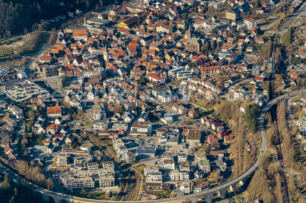 Aerial image Nagold - City area with outside districts and inner city area in Nagold in the state Baden-Wurttemberg, Germany