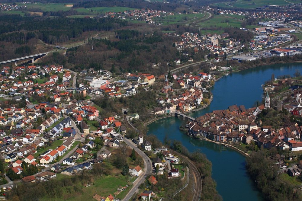 Aerial image Laufenburg - City area with outside districts at the river Rhine in Laufenburg in the state Baden-Wuerttemberg, Germany