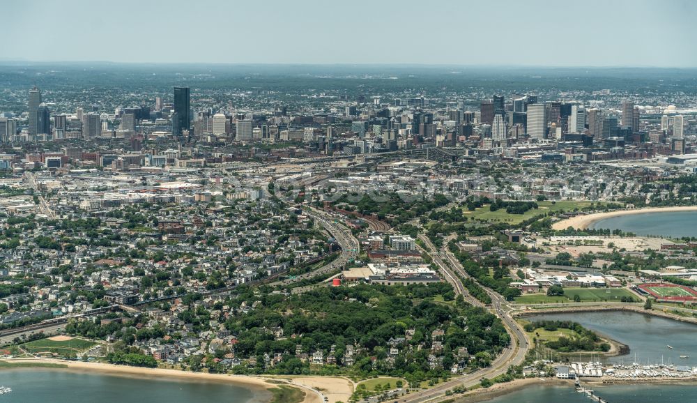 Boston from the bird's eye view: City area with outside districts and inner city area in Boston in Massachusetts, United States of America