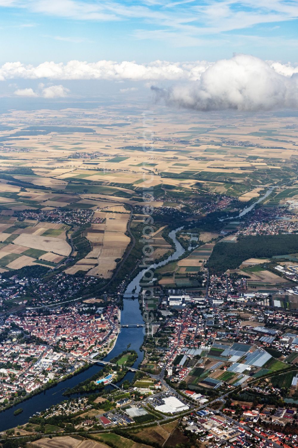 Kitzingen from above - City area with outside districts and inner city area in Kitzingen in the state Bavaria, Germany