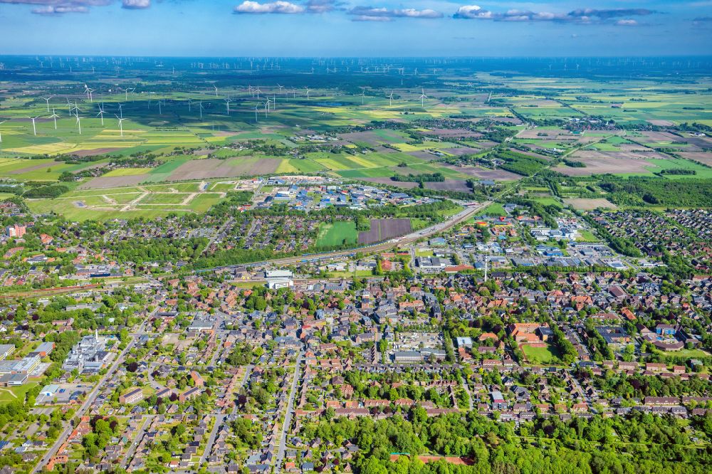 Niebüll from above - City area with outside districts and inner city area in Niebuell North Friesland in the state Schleswig-Holstein, Germany