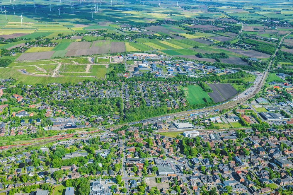 Niebüll from the bird's eye view: City area with outside districts and inner city area in Niebuell North Friesland in the state Schleswig-Holstein, Germany