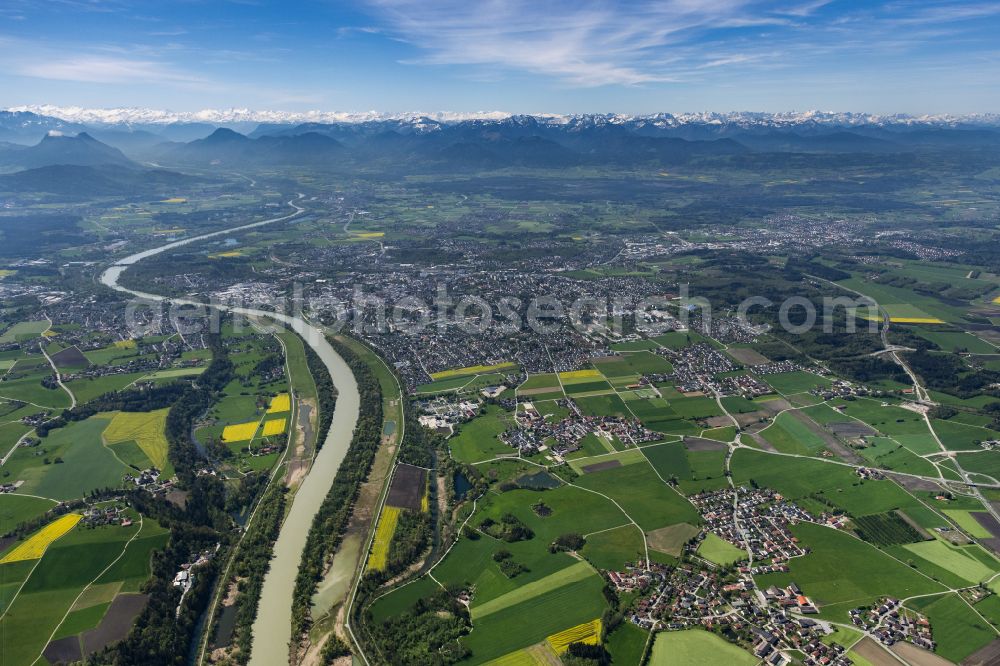 Rosenheim from above - City area with outside districts and inner city area on place Ludwigsplatz in Rosenheim in the state Bavaria, Germany