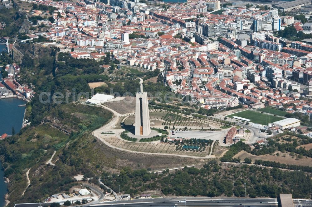 Aerial photograph Almada - Tourist attraction of the historic monument Cristo Rei Alto do Pragal on Av. Cristo Rei in Almada in Setubal, Portugal