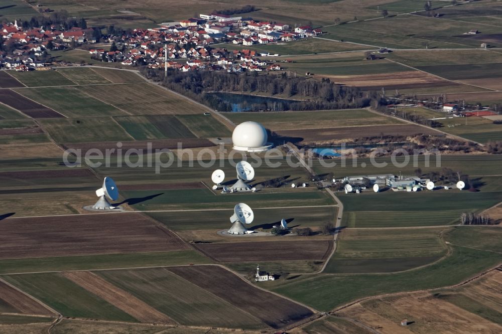 Aerial photograph Raisting - Tourist attraction of the historic monument Erdfunkstelle Raisting in Raisting in the state Bavaria. The so-called radome, a spherical air-inflated tent, is available as a technical monument conservation