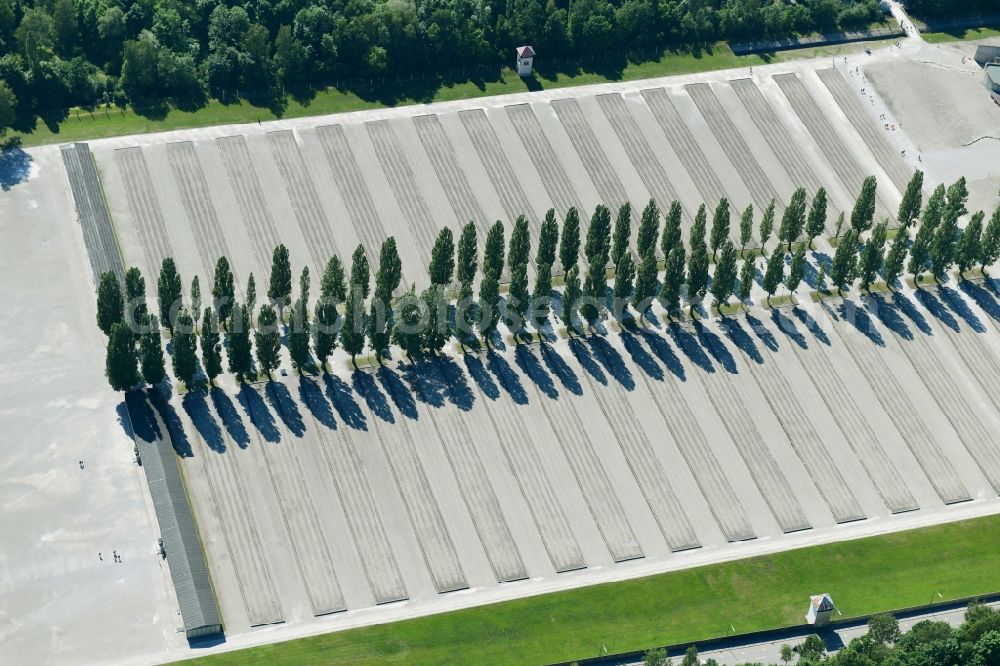 Aerial image Dachau - Memorial place of the historic monument KZ- Gedenkstaette Dachau in Dachau in the state Bavaria