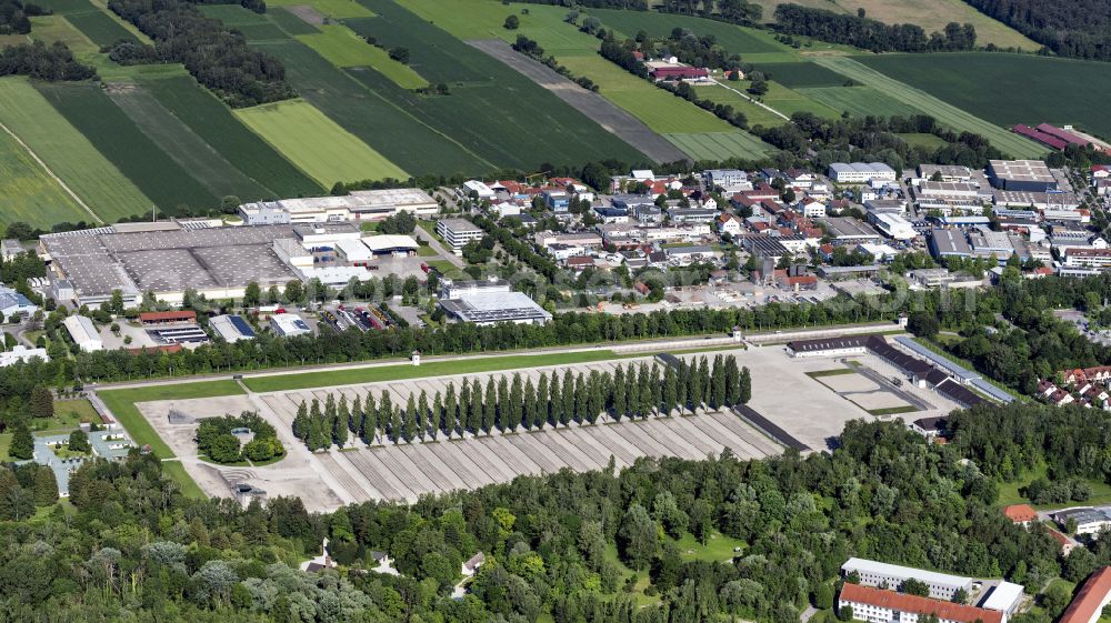 Dachau from the bird's eye view: Memorial place of the historic monument KZ- Gedenkstaette Dachau on street Alte Roemerstrasse in Dachau in the state Bavaria