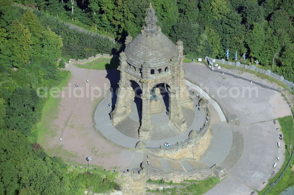 Porta Westfalica from above - Tourist attraction of the historic monument Kaiser-Wilhelm-Denkmal in Porta Westfalica in the state North Rhine-Westphalia
