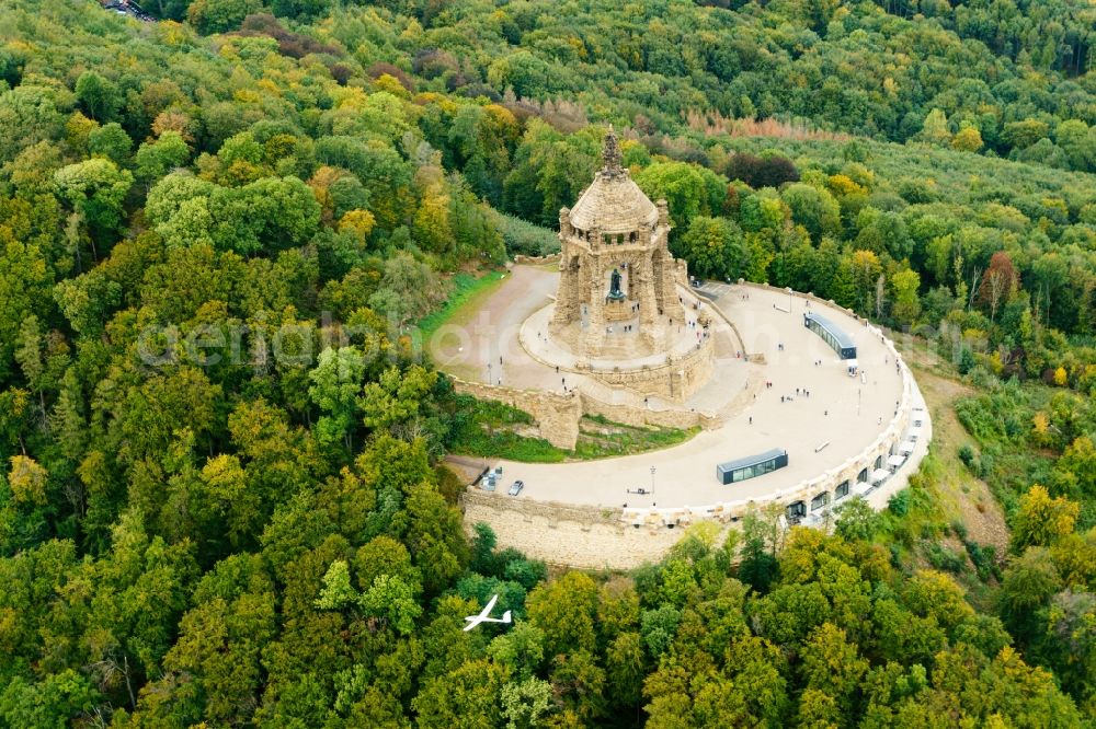Porta Westfalica from above - Tourist attraction of the historic monument Kaiser-Wilhelm-Denkmal in Porta Westfalica in the state North Rhine-Westphalia, Germany