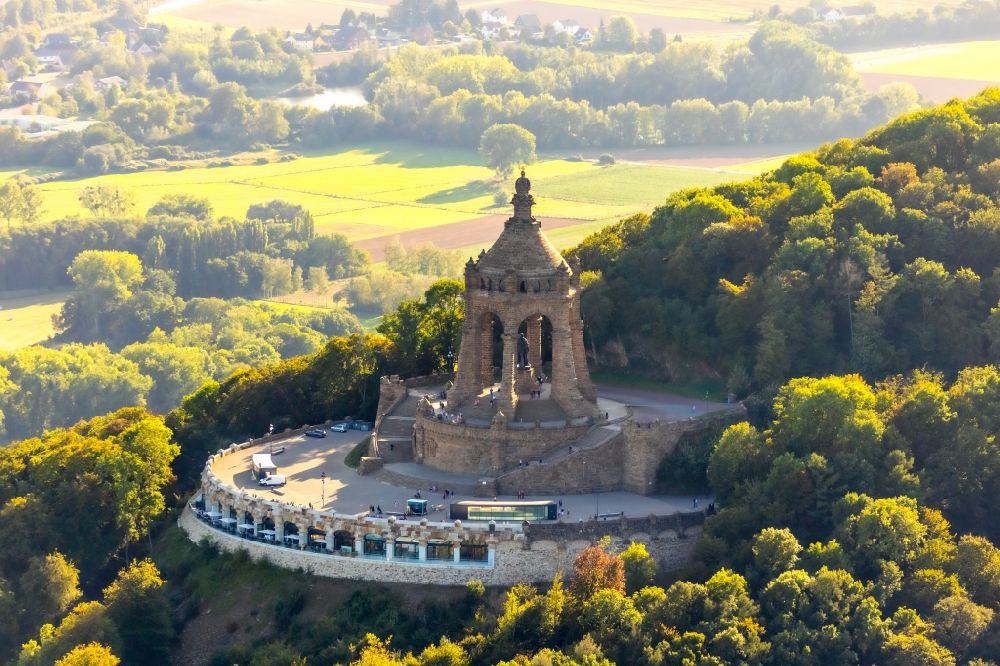Porta Westfalica from above - Tourist attraction of the historic monument Kaiser-Wilhelm-Denkmal in Porta Westfalica in the state North Rhine-Westphalia, Germany