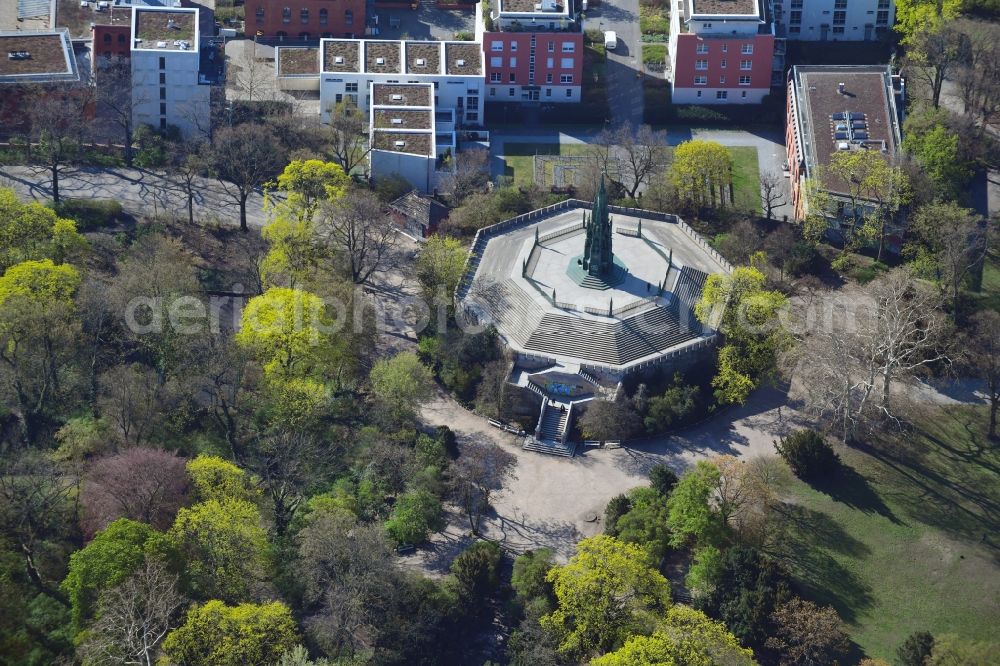 Berlin from above - Tourist attraction of the historic monument Nationaldenkmal for the Befreiungskriege in Viktoriapark in the district Kreuzberg in Berlin, Germany