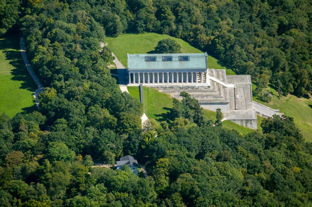 Donaustauf from above - Tourist attraction of the historic monument Nationaldenkmal Walhalla in Donaustauf in the state Bavaria, Germany