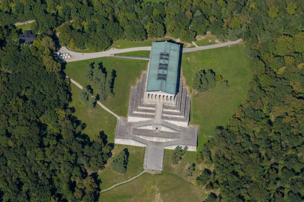 Donaustauf from above - Tourist attraction of the historic monument Nationaldenkmal Walhalla in Donaustauf in the state Bavaria, Germany