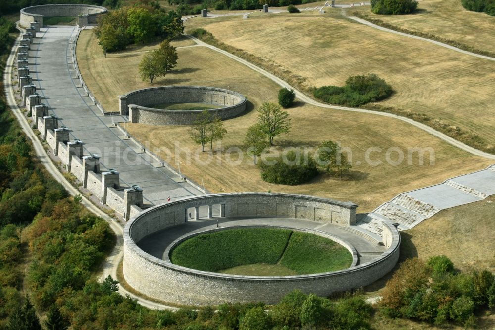 Weimar from above - Tourist attraction of the historic monument Nationale Mahn- and Gedenkstaette of DDR Buchenwald in the district Ettersberg in Weimar in the state Thuringia, Germany