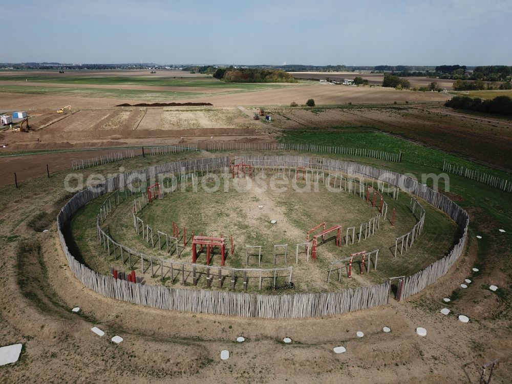 Pömmelte from above - Tourist attraction of the historic monument Ringheiligtum in Poemmelte in the state Saxony-Anhalt, Germany