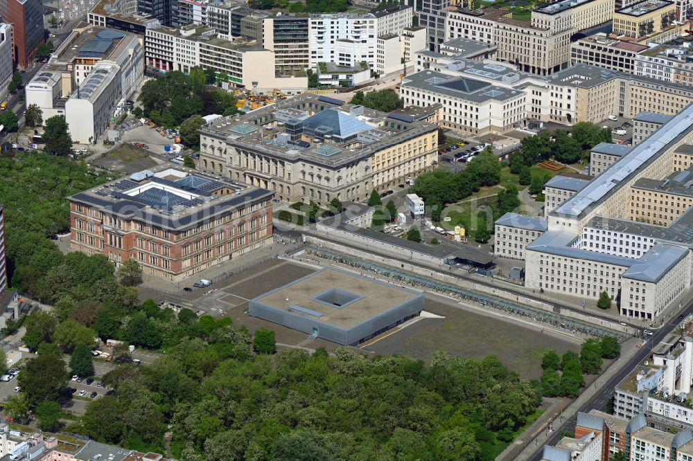 Berlin from above - Tourist attraction of the historic monument Topographie of Terrors on Niederkirchnerstrasse in the district Kreuzberg in Berlin, Germany