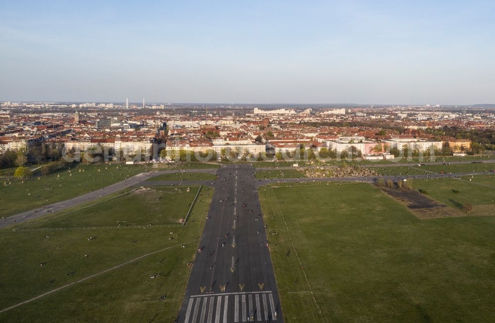 Aerial image Berlin - Locked runway on the site of the former airport on Tempelhofer Feld in the district Tempelhof in Berlin, Germany