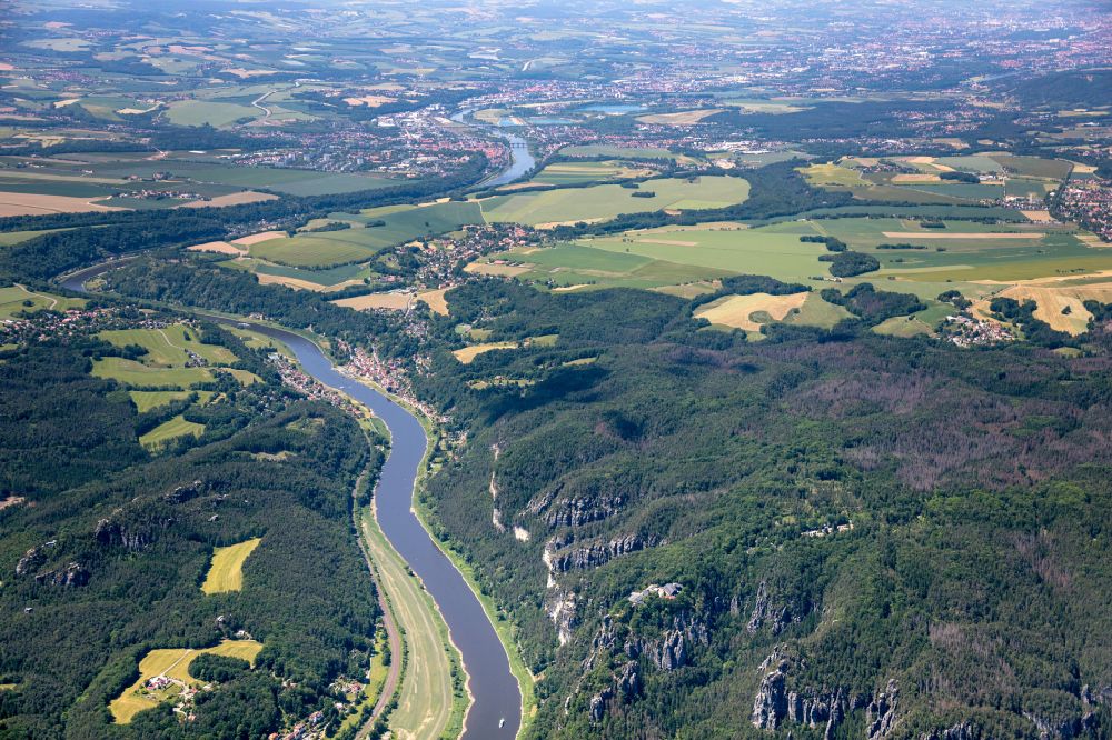 Rathen from the bird's eye view: Rock massif and rock formation Bastion in the Elbe Sandstone Mountains in Rathen in the state Saxony, Germany