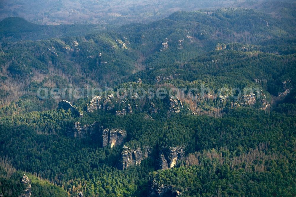 Bad Schandau from the bird's eye view: Rock massif and rock formation Carolafelsen in Bad Schandau Elbe Sandstone Mountains in the state Saxony, Germany
