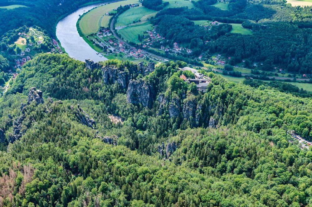Rathen from above - Rock massif and rock formation Ferdinandstein on Basteiweg in Lohmen at the elbe river in the state Saxony, Germany