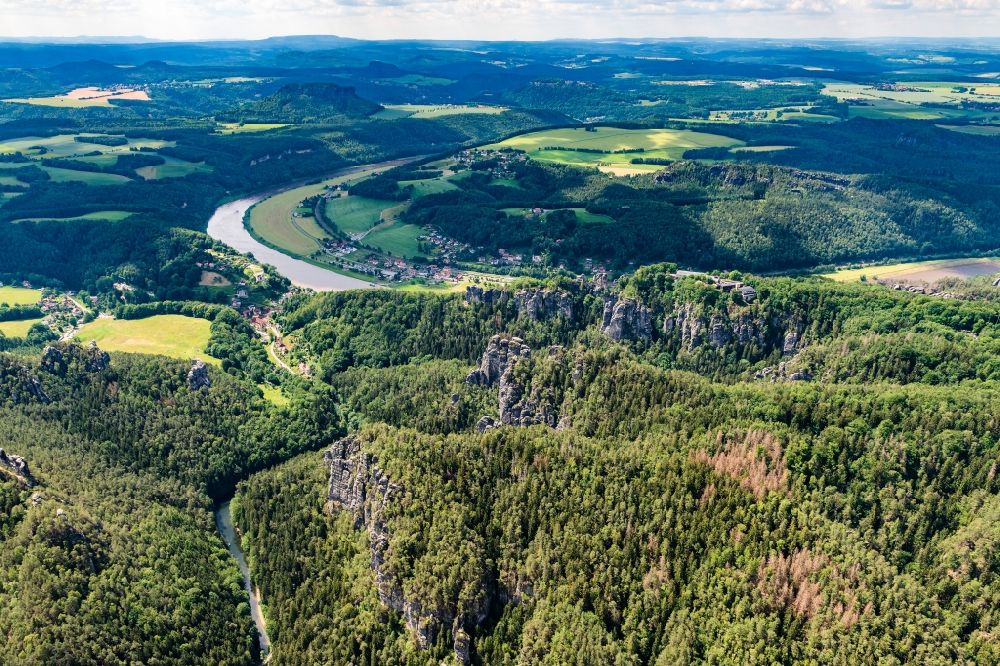 Aerial photograph Rathen - Rock massif and rock formation Ferdinandstein on Basteiweg in Lohmen at the elbe river in the state Saxony, Germany