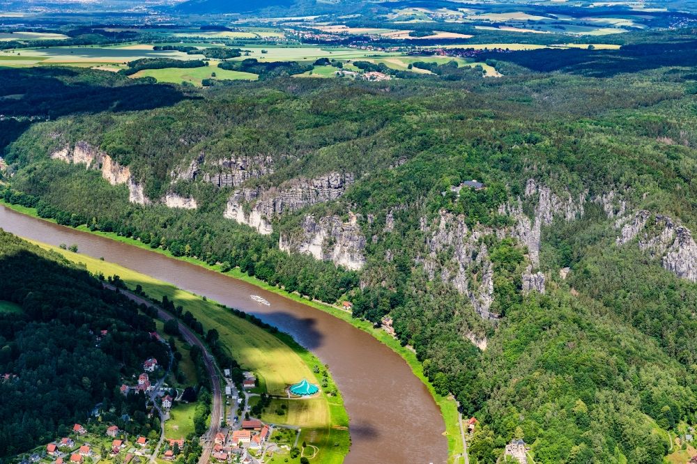 Rathen from the bird's eye view: Rock massif and rock formation Ferdinandstein on Basteiweg in Lohmen at the elbe river in the state Saxony, Germany