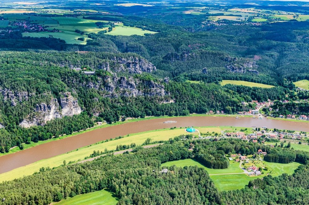 Aerial image Rathen - Rock massif and rock formation Ferdinandstein on Basteiweg in Lohmen at the elbe river in the state Saxony, Germany
