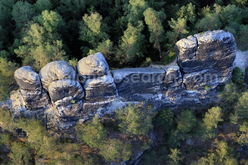 Rathen from above - Sandstone and climbing rock Lokomotive in Saxon Switzerland near Rathen in the state Saxony, Germany