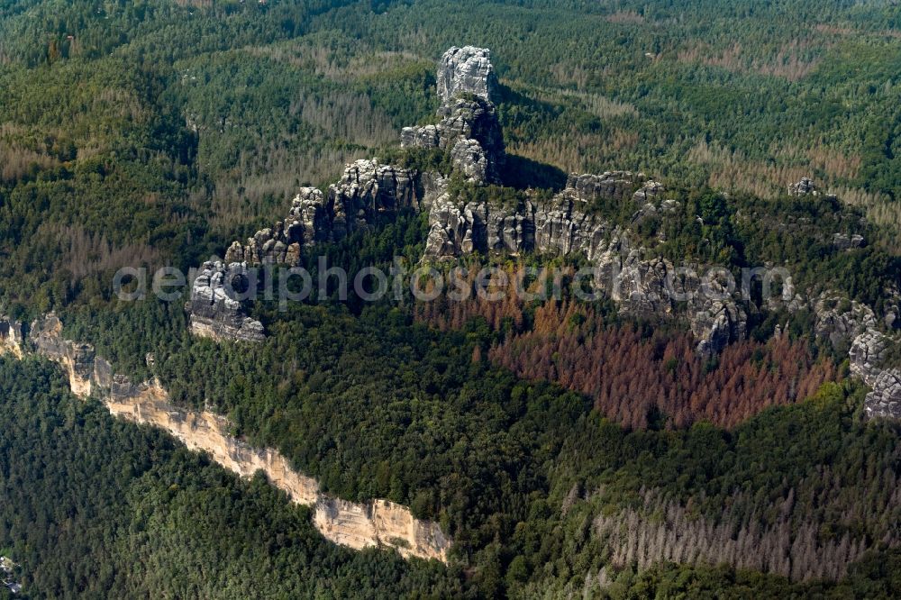 Aerial image Porschdorf - Rock massif and rock formation Rauschenstein in Porschdorf Elbe Sandstone Mountains in the state Saxony, Germany