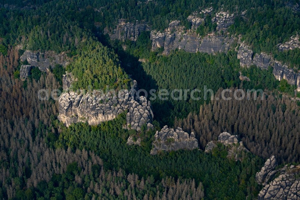 Aerial photograph Porschdorf - Rock massif and rock formation Rauschenstein in Porschdorf Elbe Sandstone Mountains in the state Saxony, Germany