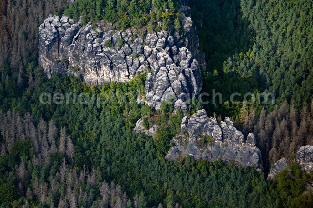 Porschdorf from above - Rock massif and rock formation Rauschenstein in Porschdorf Elbe Sandstone Mountains in the state Saxony, Germany
