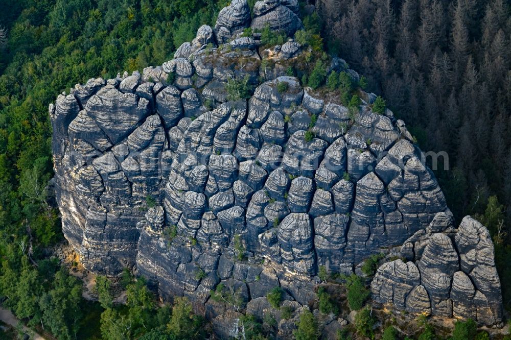 Porschdorf from the bird's eye view: Rock massif and rock formation Rauschenstein in Porschdorf Elbe Sandstone Mountains in the state Saxony, Germany