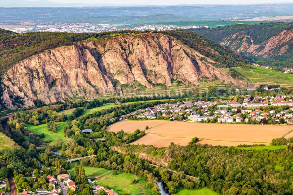 Aerial image Ebernburg - Rock massif and rock formation Der Rotenfels on street L235 in Ebernburg in the state Rhineland-Palatinate, Germany