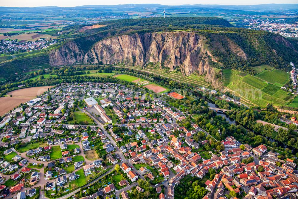 Aerial photograph Ebernburg - Rock massif and rock formation Der Rotenfels on street L235 in Ebernburg in the state Rhineland-Palatinate, Germany