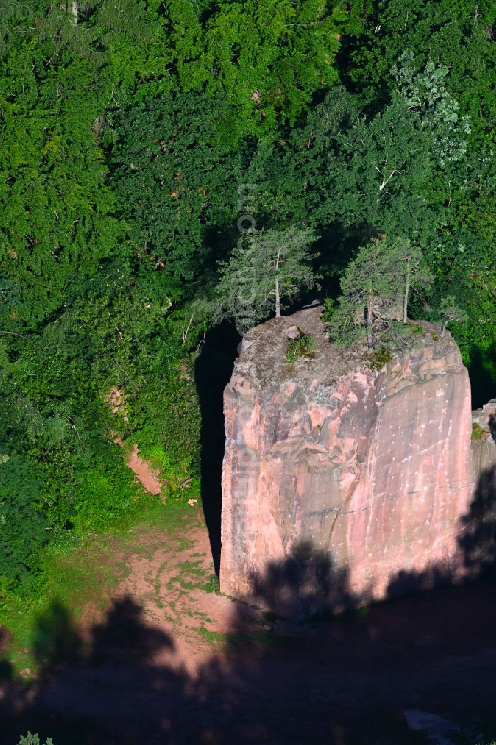 Nosswitz from above - Rock massif and rock formation Seidelbruch on Rochlitzer Berg in Nosswitz in the state Saxony, Germany