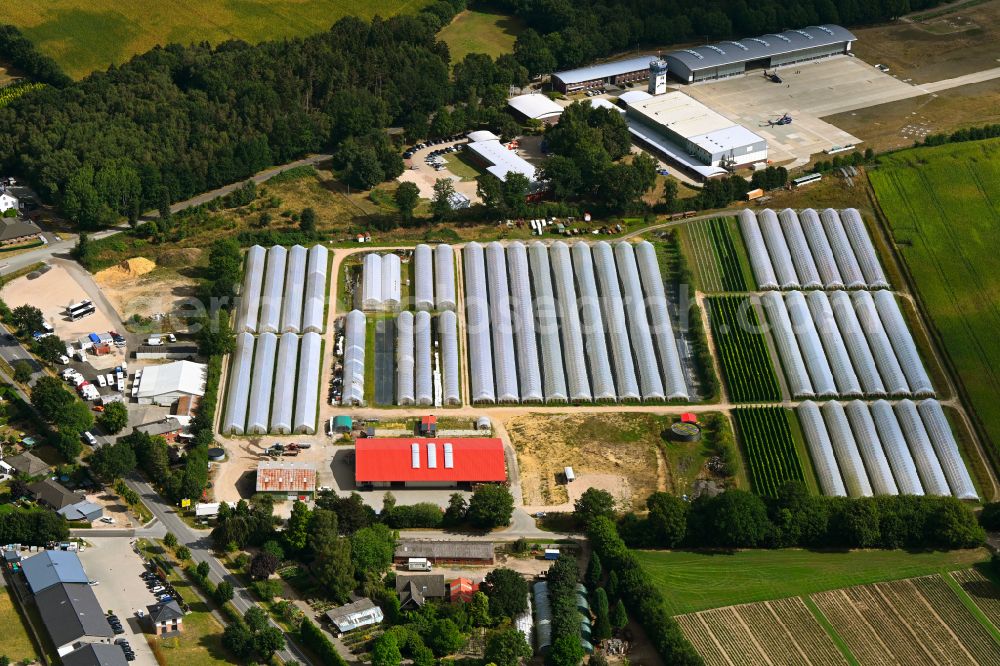 Aerial image Fuhlendorf - Rows of greenhouses for growing plants Erdbeerhof Kaack on street Osterfeld in Fuhlendorf in the state Schleswig-Holstein, Germany