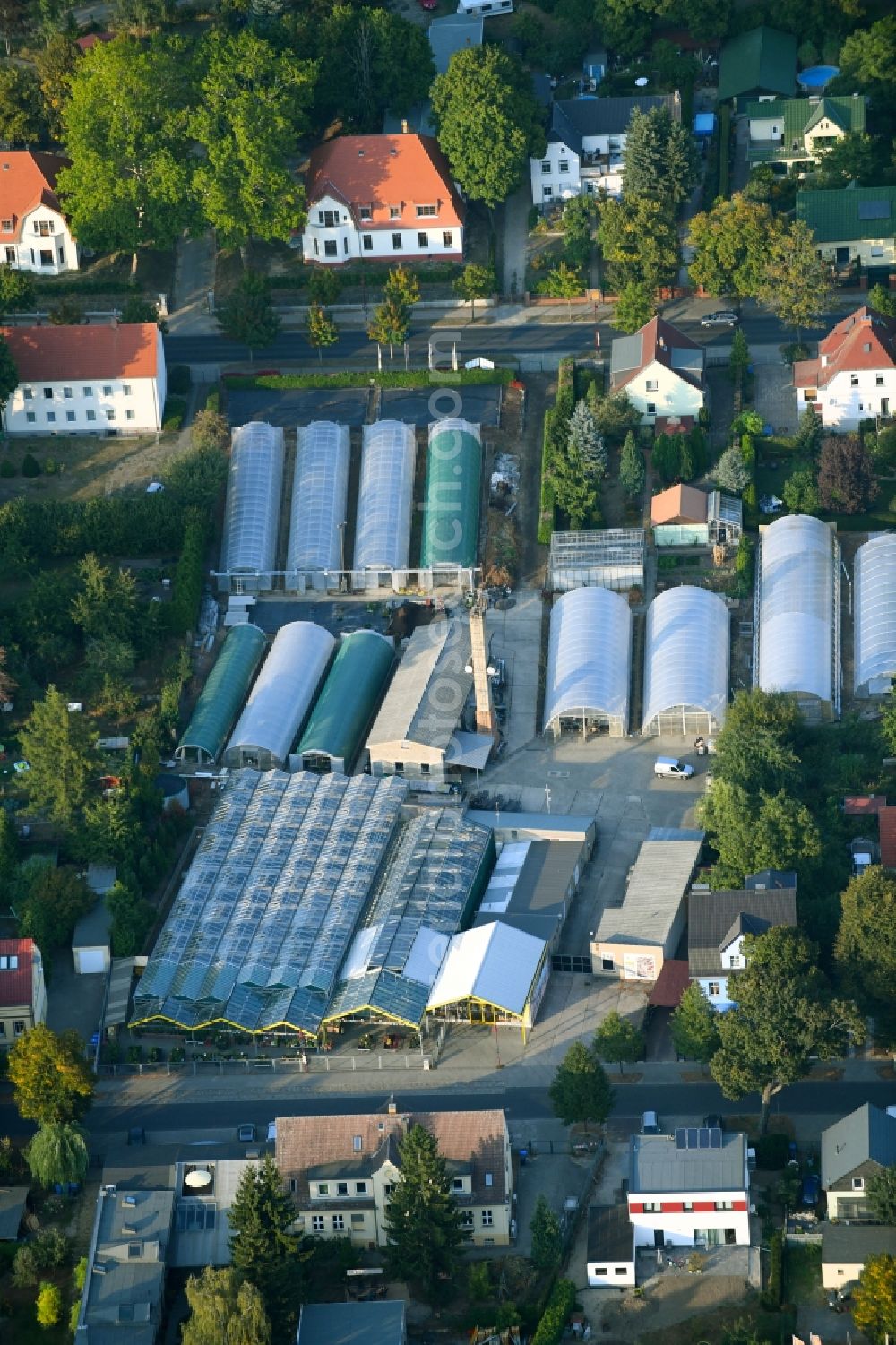 Neuenhagen from above - Glass roof surfaces in the greenhouse rows for Floriculture in Neuenhagen in the state Brandenburg, Germany