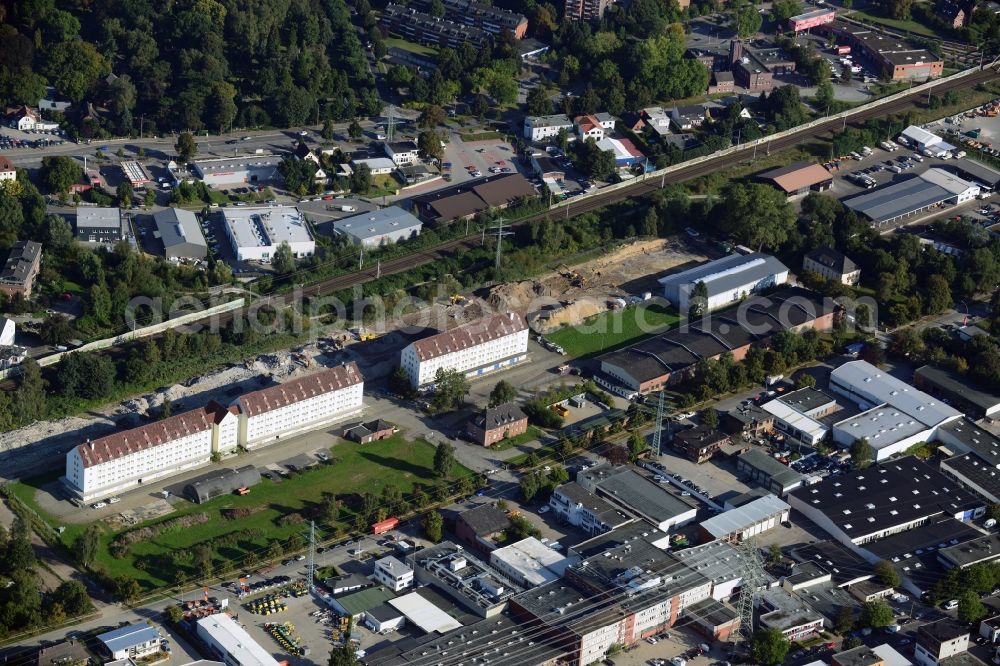 Aerial image Hamburg - Commercial and industrial area along the track path of Deutsche Bahn in Tonndorf district in Hamburg