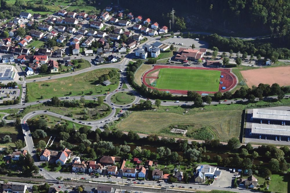 Steinen from the bird's eye view: Industrial area and sports ground at the traffic circle and roundabout of the road B317 in Steinen - Hoellstein in the state Baden-Wurttemberg