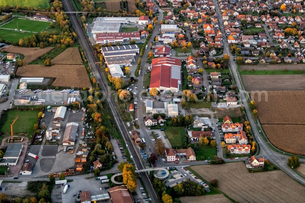 Orschweier from above - Industrial estate and company settlement with Bahnhol Orschweier in Mahlberg in the state Baden-Wurttemberg, Germany