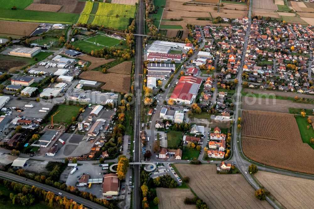 Orschweier from the bird's eye view: Industrial estate and company settlement with Bahnhol Orschweier in Mahlberg in the state Baden-Wurttemberg, Germany