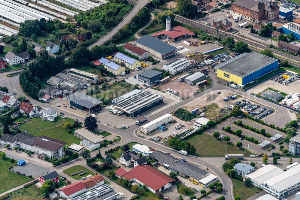 Aerial photograph Friesenheim - Industrial estate and company settlement on Bahnlinie in Friesenheim in the state Baden-Wurttemberg, Germany