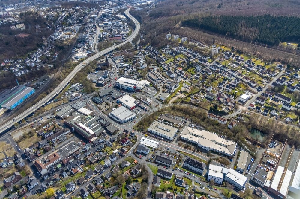 Aerial photograph Siegen - Industrial estate and company settlement Birlenbacher Strasse in Siegen on Siegerland in the state North Rhine-Westphalia, Germany