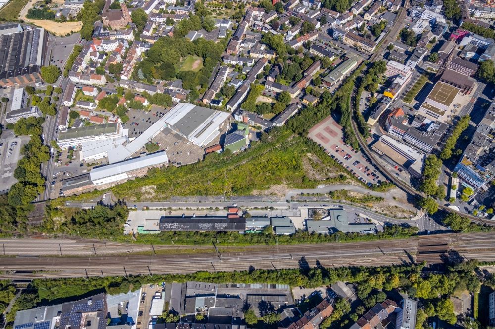 Aerial image Bochum - Industrial estate and company settlement overlooking the culture center Rotunde Bochum along the rail course on Konrad-Adenauer-Platz in the district Innenstadt in Bochum in the state North Rhine-Westphalia, Germany