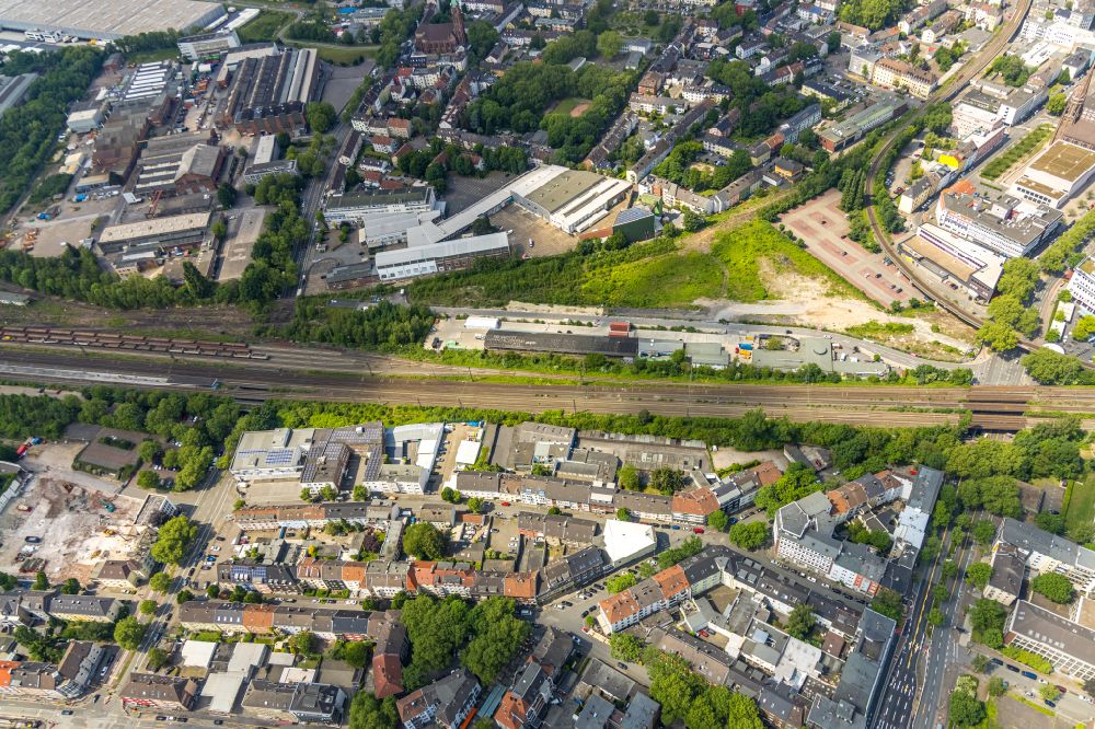 Bochum from above - Industrial estate and company settlement overlooking the culture center Rotunde Bochum along the rail course on Konrad-Adenauer-Platz in the district Innenstadt in Bochum at Ruhrgebiet in the state North Rhine-Westphalia, Germany