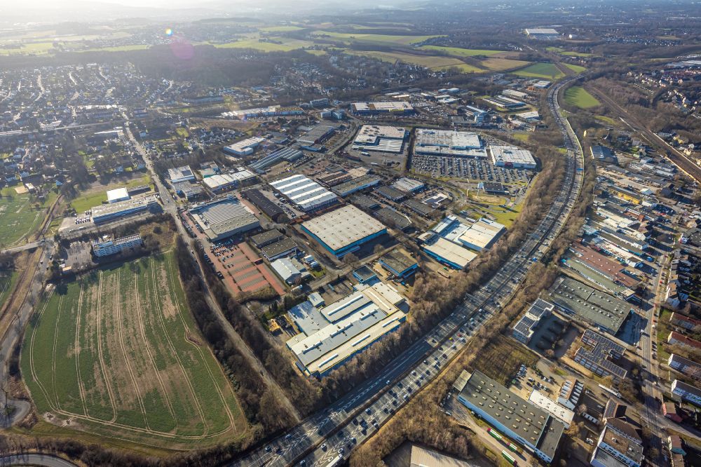 Aerial image Dortmund - Industrial estate and company settlement on Brennaborstrasse - Wulfshofstrasse in the district Oespel in Dortmund at Ruhrgebiet in the state North Rhine-Westphalia, Germany