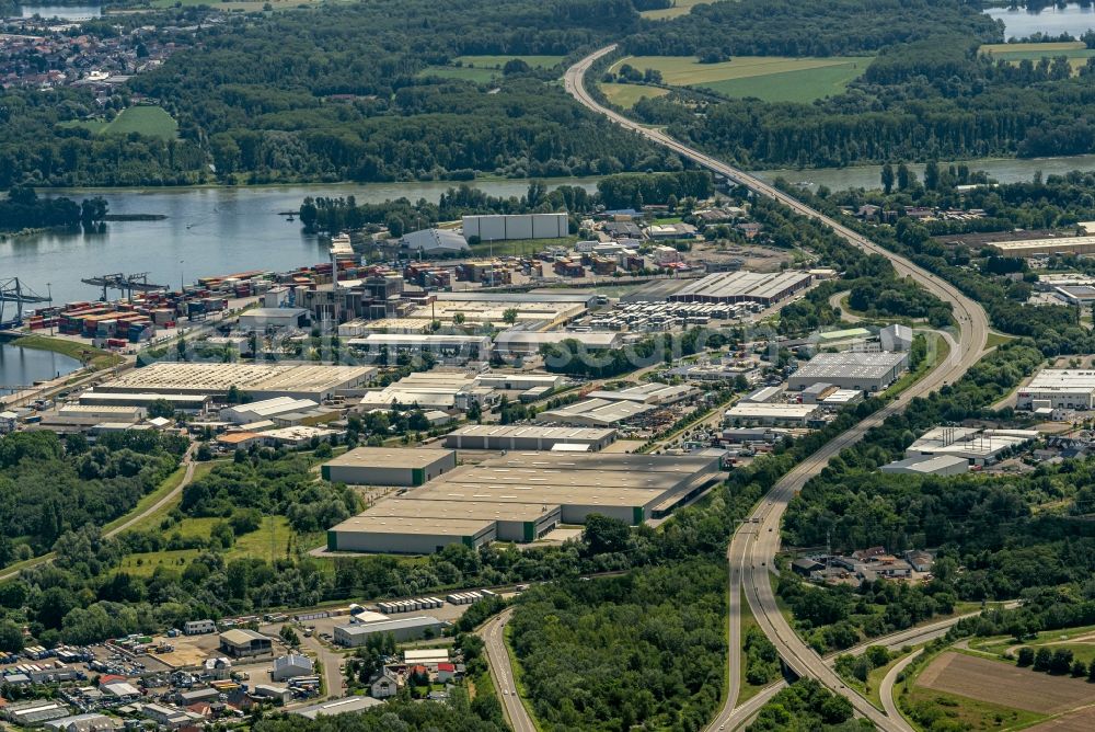 Germersheim from above - Industrial estate and company settlement and Container Rheinhafen in Germersheim in the state Rhineland-Palatinate, Germany
