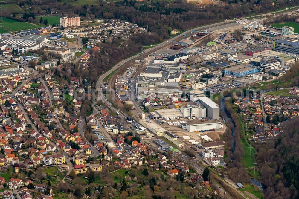 Aerial image Pforzheim - Industrial estate and company settlement Dennigstrasse mit Versandhaus Wenz in Pforzheim in the state Baden-Wuerttemberg