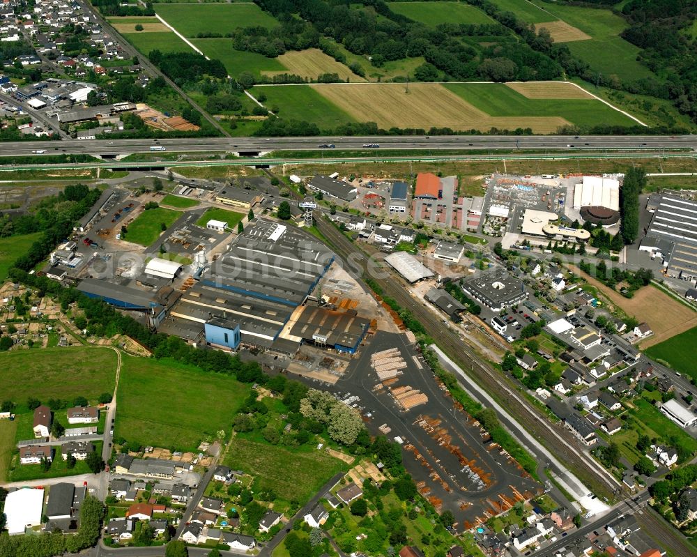 Limburg an der Lahn from the bird's eye view: Industrial estate and company settlement on Elzer Strasse in the district Staffel in Limburg an der Lahn in the state Hesse, Germany
