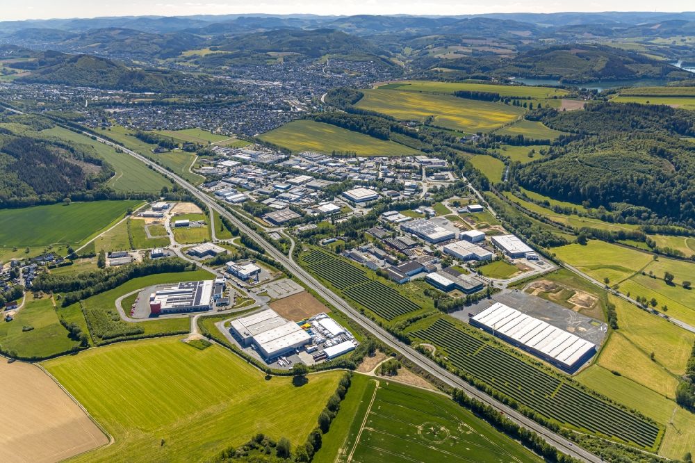 Aerial image Meschede - Industrial estate and company settlement along the BAB A46 - Enster Strasse in Meschede in the state North Rhine-Westphalia, Germany